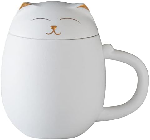 HEER Cat Ceramic Tea Mug 13.5oz with Infuser and Lid, White