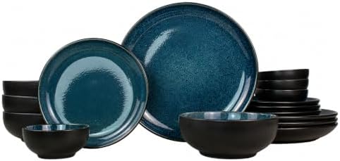 Sango 16-Piece Stoneware Dinnerware Set for 4, Glossy Black/Blue Big Dinner Plates and Bowls Sets with Reactive Glaze, Ceramic Dish Set, Modern Beautiful Dishes, Microwave & Dishwasher Safe, Resona