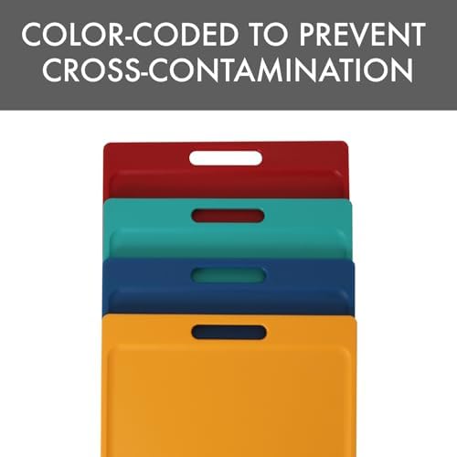 Dexas 4-Pack NSF Certified Polysafe Cutting Boards with Handle, 11 x 14.5 Inches, Reversible Kitchen Cutting Board, Assorted Colors