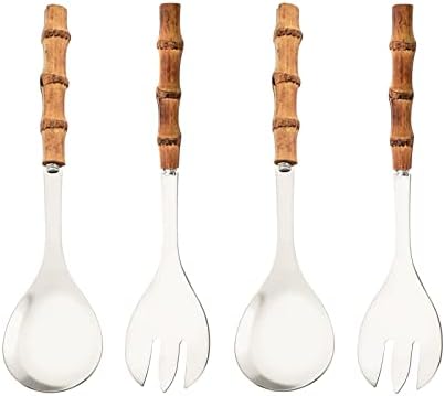 Serving Spoon and Fork Set, 304 Stainless Steel Serving Utensils with Natural Bamboo Handle, 10" Long Handle Serving Set for Kitchen Party Buffet, 4 Pieces / 2 of Each