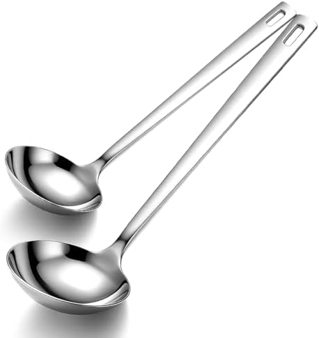 Kyraton 2 Piece Soup Ladle Set, 11.8" Large & 9.6" Small Stainless Steel Ladles, One-Piece Ergonomic Cooking Spoons, Dishwasher Safe Heavy Duty Serving Utensils for Home Kitchen Soup Sauce Noodle