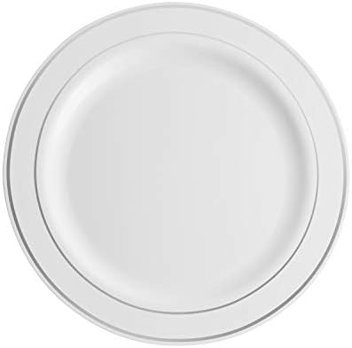 100 Silver Rim White Plastic Plates Set, 10 Inch 7 Inch Combo Pack 50 Each