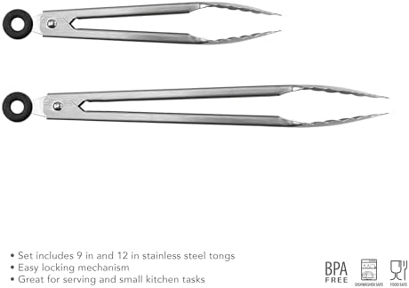 Tovolo Stainless Steel Tongs Set of 2 with 9 Inch & 12 Inch Metal Tongs for Cooking Grilling & Serving Food, Heat Resistant to 600 Degrees Metal Perforated Head Kitchen Tongs Bundle with Click Lock
