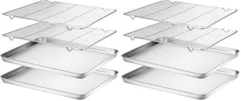 Wildone Baking Sheet & Rack Set [2 Sheets + 2 Racks], Stainless Steel Cookie Pan with Cooling Rack, Size 16 x 12 x 1 Inch, Non Toxic & Heavy Duty & Easy Clean (Pack of 2)