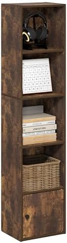 Furinno LUDER Book Shelf, 5-Tier Bookshelf with Open Shelf, Standing Bookcase with 1 Door Cabinet, 9.3 x 12 x 52, for Organization and Storage, for Living Room, Bedroom, Home Office, Amber Pine
