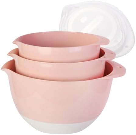 3 Small Mixing Bowls Set with Lids,Grips,Pour Spout and TPR Bottom, Plastic Nesting Bowl Use for Kitchen Cooking-Prep,Serving,Baking Bread Cake,Pancake,Non-slip,3Qt,2Qt,1.5Qt,Pink