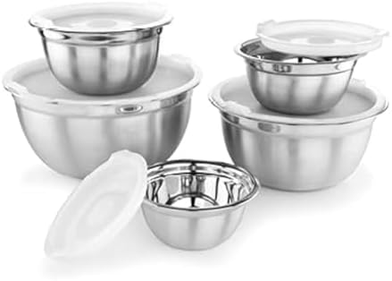 AVADOR Premium Stainless Steel Mixing Bowls with Lids, Set of 5 Brushed Stainless Steel Mixing Bowl Set, Easy To Clean, Space Saving, Great for Cooking, Baking, Prepping (0.25qt, 1qt, 1.5qt, 3qt, 5qt)