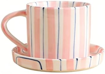 Hand-Painted Ceramic Coffee Mug and Saucer Set, 8 oz Artisan Striped Porcelain Espresso Cup, Decorative Tea Cup with Large Handle for Home, Office,Pink