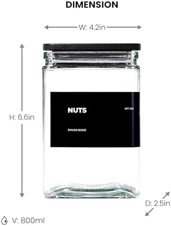 APT 1101 Glass Storage Jars with Bamboo Lid, glass canisters with airtight lids, Clear jars with lids for Spice, Cookie, Candy, Tea, Coffee Bean and Rice (Black, 26 oz, Set of 6)