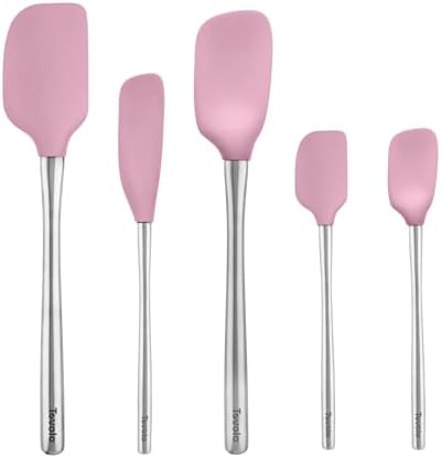 Tovolo Stainless Steel Handled Silicone Spatula Set of 5 Pink Sorbet, Dishwasher Safe Kitchen Spatula Set for Cooking Baking, Non Toxic BPA Free Silicone Spatula set with Metal Steel Handle