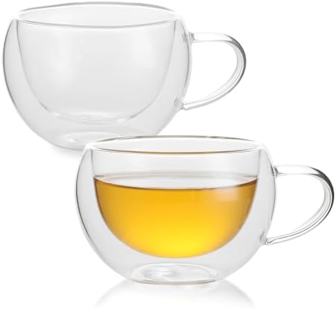 Double Wall Insulated Glass Tea Cups Set of 2, Clear Borosilicate Espresso Shot Cups for Espresso Machine, Glass Teacups Coffee Mugs with Handle for Cappuccino Latte, 7OZ/200ML