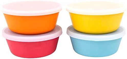 WeeSprout Bamboo Kids Bowls with Lids, Set of Four 10 oz Kid-Sized Dinnerware, Cereal, Leftovers & Snack Bowl, Dishwasher Safe (Blue, Yellow, Orange, & Red)