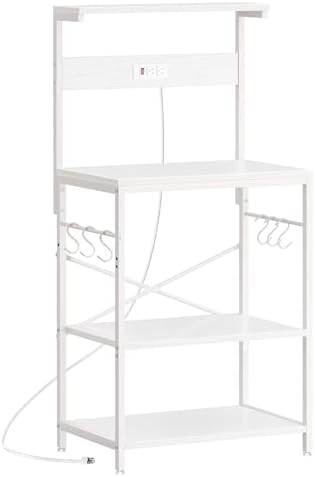 SUPERJARE Kitchen Bakers Rack with Power Outlet, Coffee Bar Table 4 Tiers, Kitchen Microwave Stand with 6 S-Shaped Hooks, Storage Shelf Rack for Spices, Pots and Pans - White