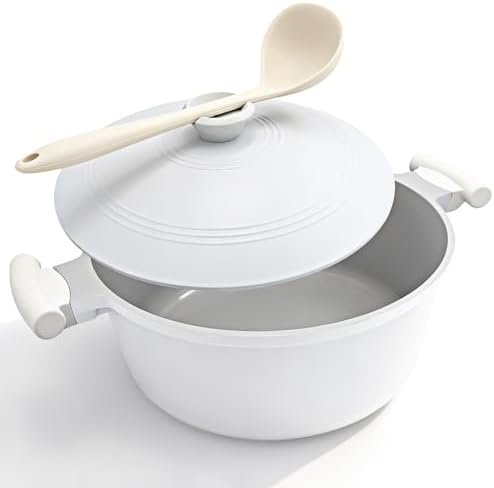 AIKENBBKK 7 Quart Lightweight Dutch Oven Pot with Lid, Ceramic Cooking Pot Nonstick, Nonstick Soup Pot for Stews Braising and Frying, Induction Pot for All Stoves, Stay-Cool Handle, PFOA Free, White