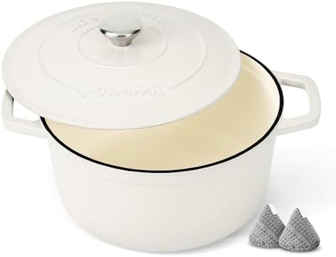 Ciwete Enameled Cast Iron Dutch Oven Pot, 4.4 Quart, Cream White