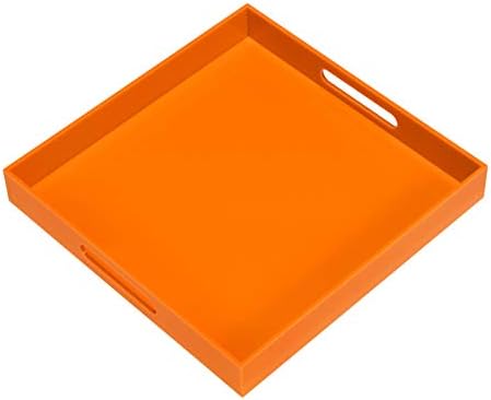 KEVLANG Orange Sturdy Acrylic Serving Tray with Handles-12x12Inch-Serving Coffee,Food,Breakfast,Butler-Kitchen Countertop Tray-Makeup Drawer Organizer-Vanity Table,Ottoman Tray-Decorative Tray
