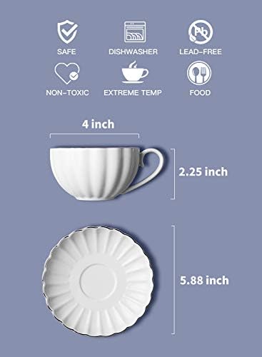 Royal Tea Cups and Saucers, with Gold Trim and Gift Box, British Coffee Cups, Tea Cup Set, Porcelain Tea Set, Cappuccino Cups, Latte Cups, Set of 6 (8 oz)- White