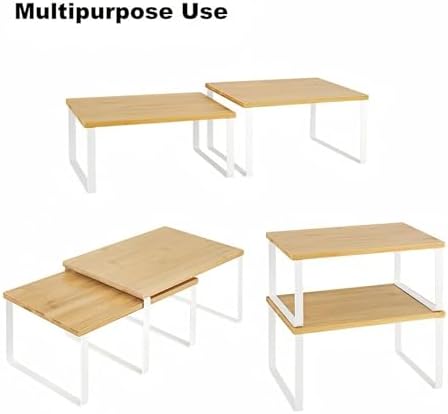 NEX Bamboo Kitchen Cabinet and Counter Shelf Organizer, Stackable & Expandable, Set of 4, White and Natural