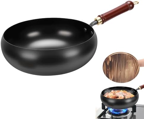 Gugxiom Suntuup Japanese Iron Pan, 28cm/11in Cast Iron Wok (Wooden lid)