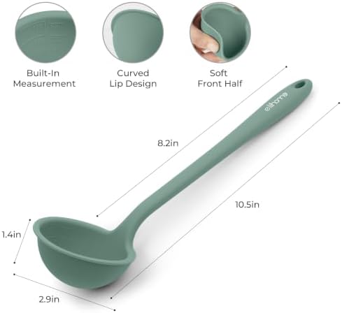 Elihome Classic 10.5 inch Silicone Soup Ladle Cooking Spoon: 600ºF Heat Resistant 2 oz Non-stick Seamless Deep Serving Spoon with Non Slip Long Handle for Cooking Sauce Stews Gravy Sage Green