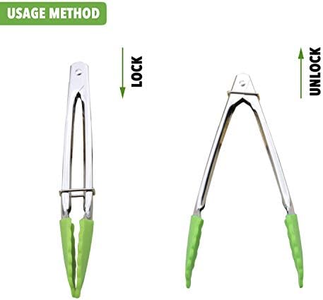 HINMAY 7" Mini Tongs with Silicone Tips, Set of 3 (Green)