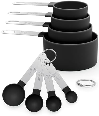 Measuring Cups and Spoons Set of 8 Pieces, nesting measuring cups for Measuring Dry or Liquid Ingredients, Stainless Steel Handle, Kitchen Gadgets for Cooking & Baking （Black）