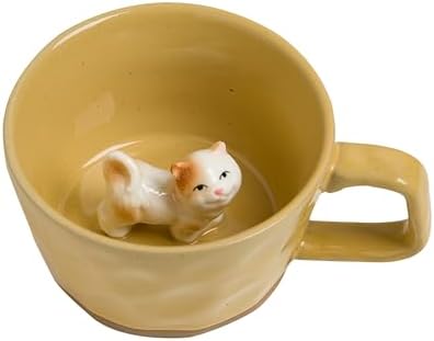 DIHOclub Farmhouse Ceramic Coffee Mug with Animal Figurine – Rustic Stoneware Cup, Matte Finish, Ideal for Breakfast & Home Decor (Yellow Cat)