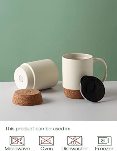 DOWAN Coffee Mugs Set of 2, 15 OZ Ceramic Mug with Cork Bottom and Splash Proof Lid, Large Coffee Cup with Handle for Tea Latte, Beige