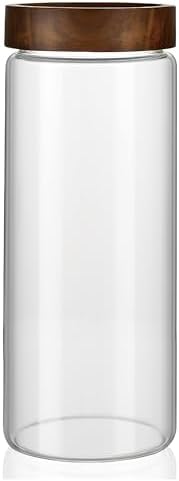 50 fl oz/1500 ml Clear Glass Storage Canister with Airtight Wooden Screw Lid, Large Tall Cute Decorative Glass Food Container Jar for Coffee, Candy, Cereal, Cookie, Pasta, Flour, Juices