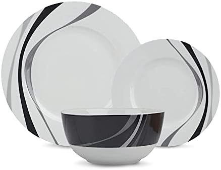Amazon Basics 18-Piece Complete Kitchen Dinnerware Set, Microwave and Dishwasher Safe, Plates, Dishes, Bowls, Swirl, Heat Resistant, Service for 6, Everyday Use