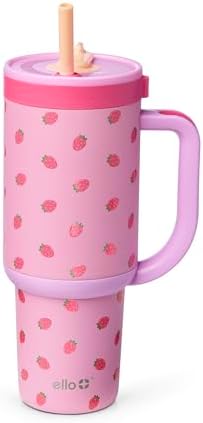 Ello Oasis 30oz Insulated Stainless Steel Tumbler with Straw, Strawberries