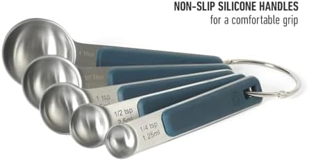 Calphalon Prime Measuring Spoons, Plastic Measuring Spoon Set, 5-Piece Stainless Steel Measuring Spoons Navy Silicone Handle Accurate, Durable for Spices and Small Portions