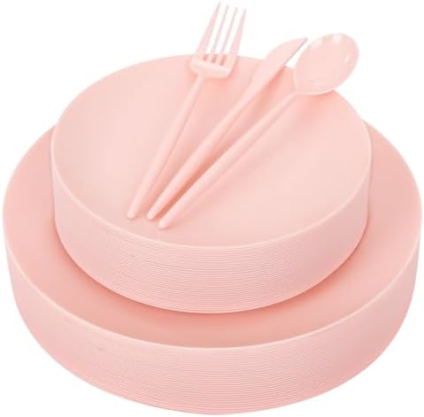 EjonirInjonir 150pcs Heavy Duty Pink Plastic Plates for Wedding Matte Set