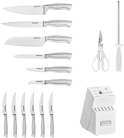 Cuisinart Professional Block Knife Set, 15pc Cutlery Knife Set with Steel Blades for Precise Cutting, Lightweight, Stainless Steel Durable & Dishwasher Safe, White
