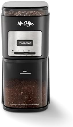 Mr. Coffee Automatic 12 Cup Burr Mill Coffee Grinder with 12 Custom Grinders, Black / Stainless Trim