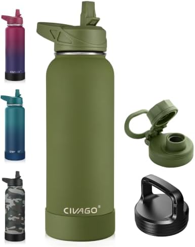 CIVAGO 40 oz Insulated Stainless Steel Water Bottle With Straw and 3 Lids
