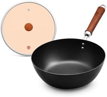 WANGYUANJI 10.24-Inch Carbon Steel Wok with Lid, Flat Bottom Small Wok Pan for 1–3 Servings, Uncoated Stir Fry Pan, Glass Lid, Induction/Gas/Electric Compatible, Wood Handle, Black