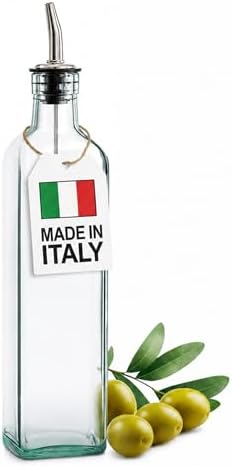 Olive Oil Dispenser Bottle - 16 oz, Made in Italy Glass Olive Oil and Vinegar Cruet with Stainless Steel Spout for Kitchen, Slight Green Tint (2, 473 ml)