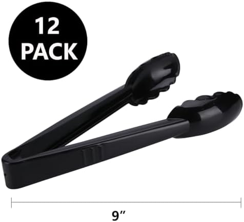 Plastic Tongs for Kitchen, Disposable Utensils Set, 12 Pieces, 9 Inch Heavy Duty Scalloped Salad Serving Tongs, Food Safe Material, Perfect for Buffets and BBQ (12, Black)