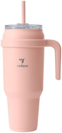 REDUCE 50 oz Stainless Steel Tumbler with Handle - Dual-Wall Vacuum Insulated Travel Mug, Sweat-Proof Lid & Reusable Straw - Keeps Drinks Cold for 24 Hrs, Fits Cupholders, Dishwasher Safe - Pink Clay