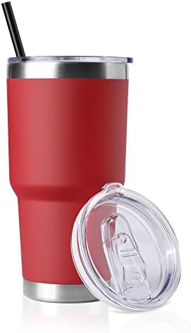 DOMICARE 30 oz Tumbler with Lid and Straw, Stainless Steel Tumblers Bulk, Insulated Vacuum Double Wall Travel Coffee Mug, Durable Powder Coated Tumbler Cup (Red, 1)