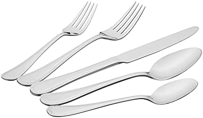 Amazon Basics Silverware Set, Stainless Steel Flatware, Dishwasher Safe, Easy to Clean, Service for 4, 20-Piece Forks and Spoons, Pearled Edge