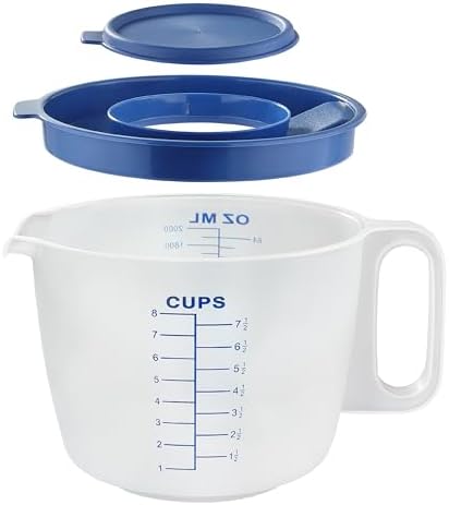 8 Cup Measuring Cup with Splash Guard Lid, BPA-Free Plastic Mixing Bowl for Baking, Pancakes & Meal Prep, Clear Accurate Measurement Marks