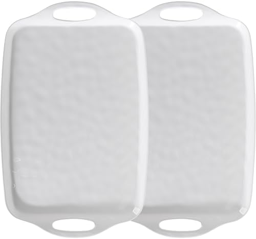 Large Serving Tray with Handle, 19”x12” Rectangular Melamine Serving Platters, Set of 2, Kitchen Food and BBQ ServingTray, Breakfast Tray, Dishwasher Safe, Bright White
