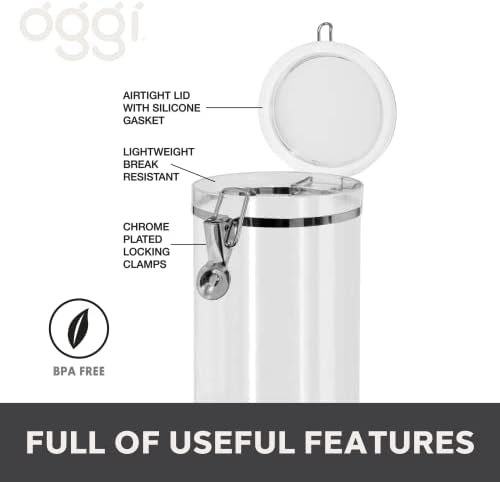 Oggi Medium-Sized Clear Canister with Clamp Lid, 61 oz - Large Airtight Food Storage Container, for Kitchen & Pantry Storage of Bulk, Dry Foods, Pasta, Flour, Sugar, Coffee, Rice, Tea, Spices & Herbs