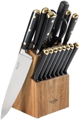 Martha Stewart 16-Piece Lockton High Carbon Stainless Steel Knife Block Set - Forged Full Tang Chef Knives, Acacia Wood Block, Triple Riveted Handles, Black & Gold