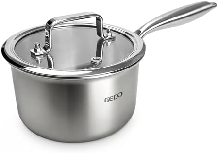 GEDO 3-Ply 304 Stainless Steel Saucepan with Lid, One-Piece Rivet-Free & Seamless Design, Angled Spout & Heat-Resistant Handle, Universal Stovetop Compatible for Indoor Cooking (7 In / 18cm Size)