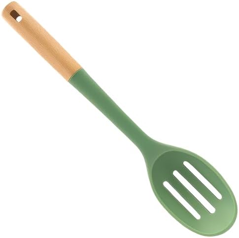Beille 1pc Slotted Cooking Spoon Beech Wood and Silicone Kitchen Utensils Meal Prep Baking Supplies Home Essentials, Olive Green