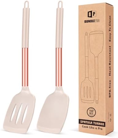 Pack of 2 Silicone Solid Turner, Non Stick Slotted Kitchen Spatulas, High Heat Resistant BPA Free Cooking Utensils, Ideal Cookware for Fish, Eggs, Pancakes(Rose Gold Khaki)