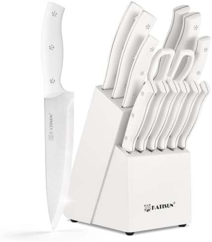 15-Piece White Kitchen Knife Set with Built-in Sharpening Stone, Ergonomic Triple Rivet Fixed Handles, Dishwasher Safe